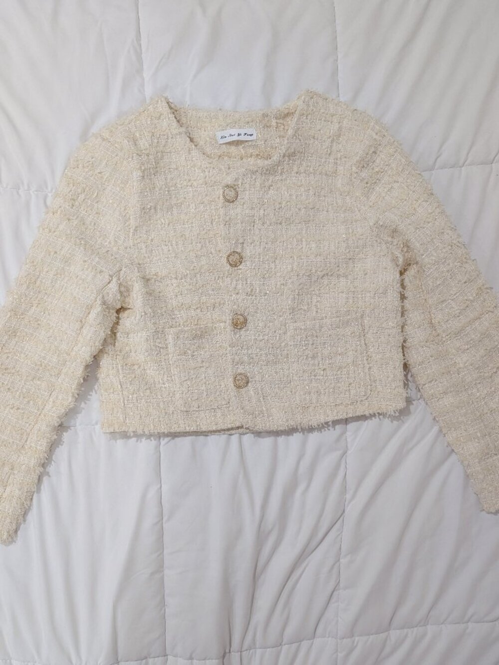 Ode Ivory Tweed Gold Button Crop Jacket